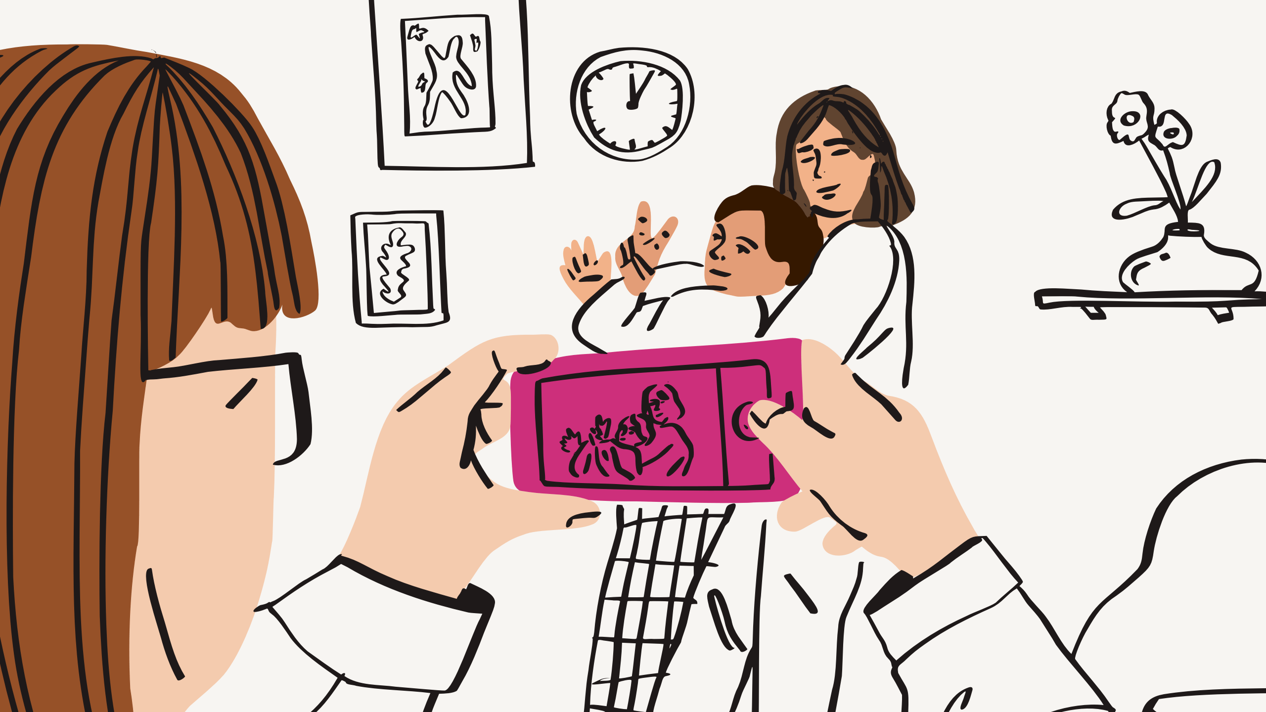 Illustration of a woman taking a photo of two family members on a mobile phone in a living room