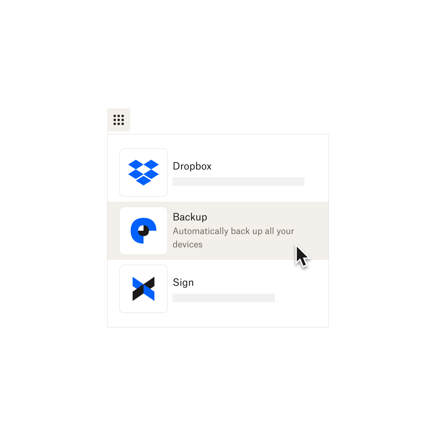 A computer mouse hovers over a dropdown of three product options and selects Backup