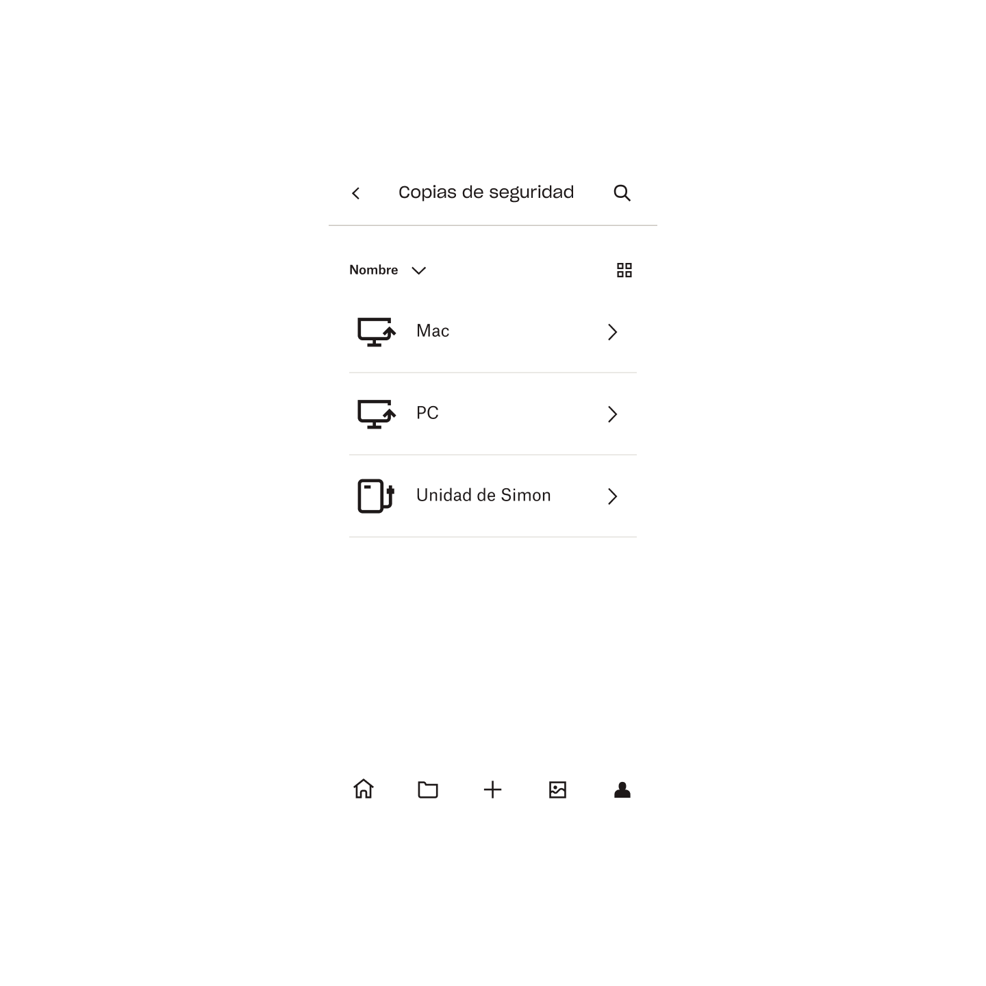 Lista de dispositivos y discos duros de los que se están haciendo copias de seguridad en Dropbox Backup de un usuario tal como se ve en un dispositivo móvil