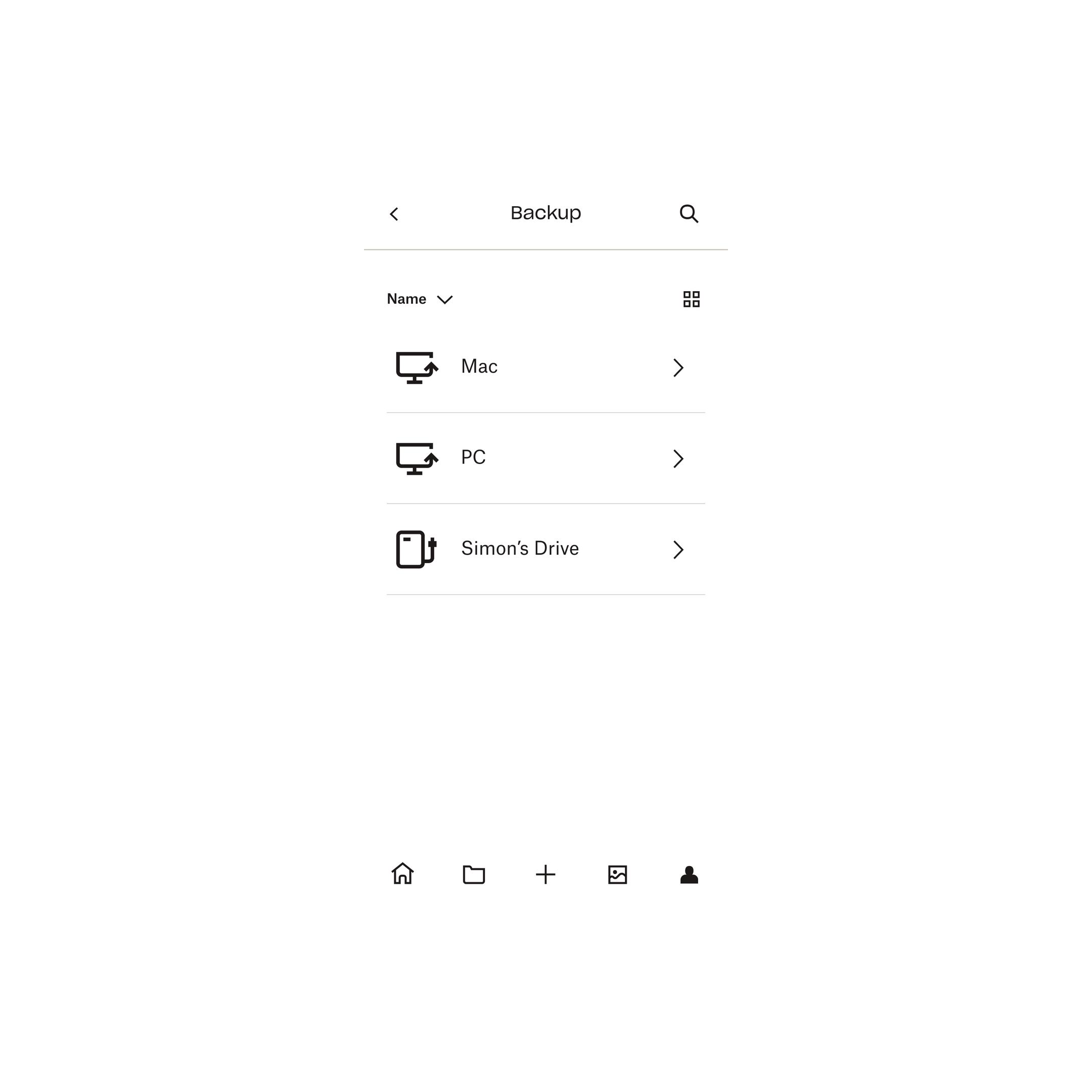 A list of a user’s devices and hard drives that are being backed up in Dropbox Backup as viewed on a mobile device
