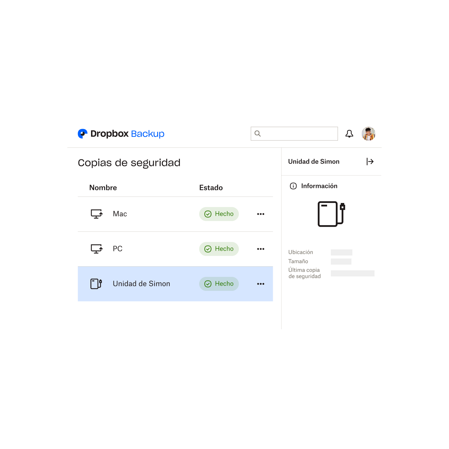 Lista de dispositivos y discos duros de los que se están haciendo copias de seguridad en Dropbox Backup de un usuario