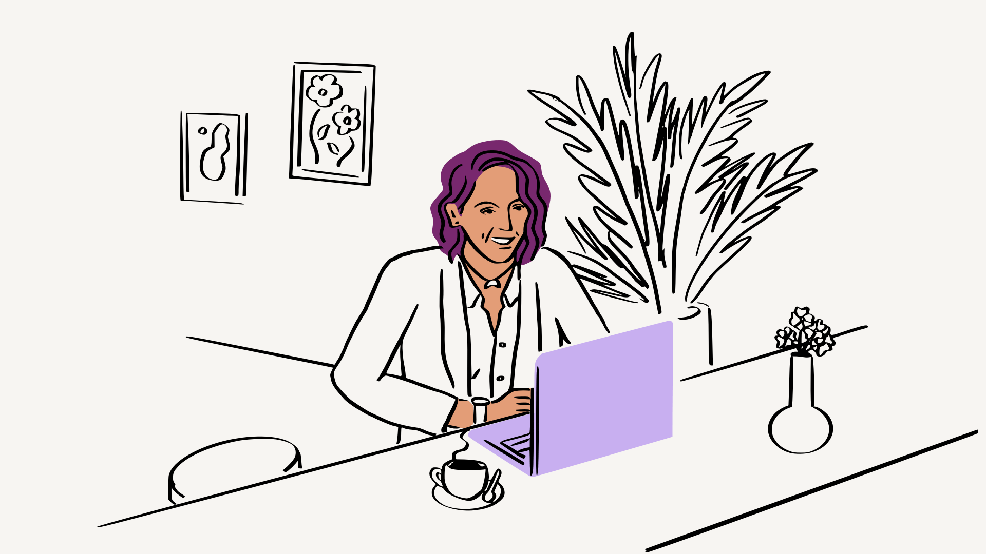 An illustration of a woman sitting in front of a purple laptop