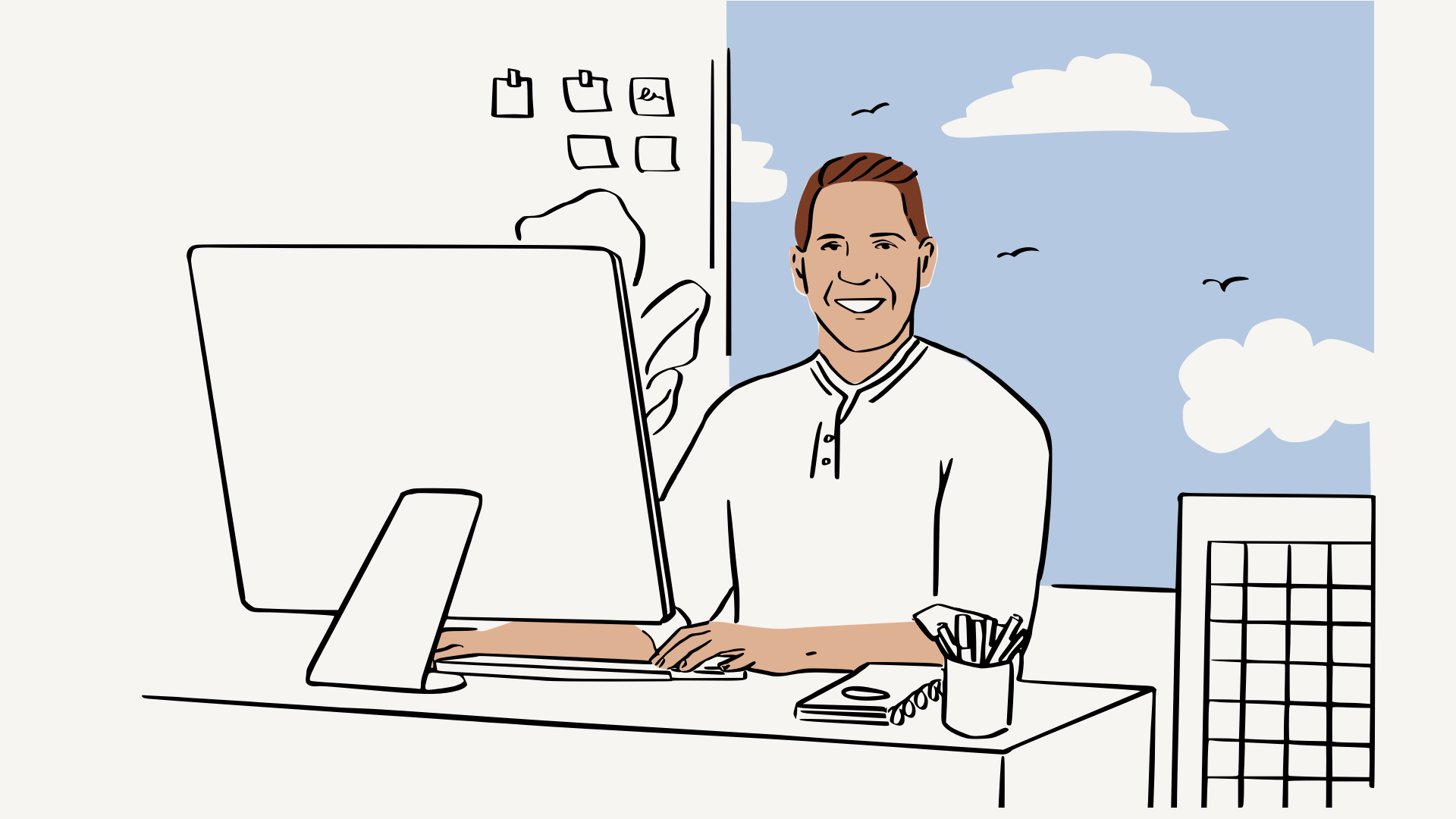 An illustration of a man sitting at a desk in front of a large computer monitor