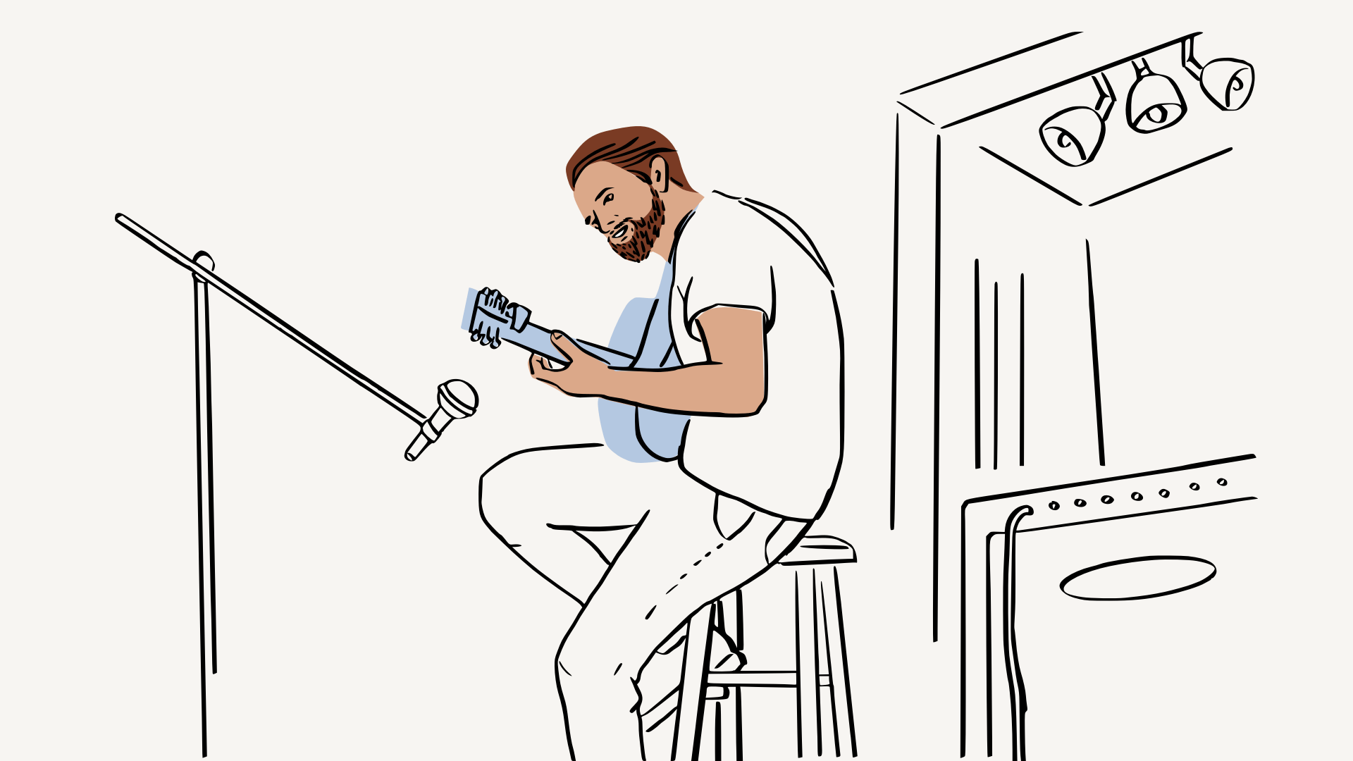 An illustration of a musician playing a guitar and singing into a microphone