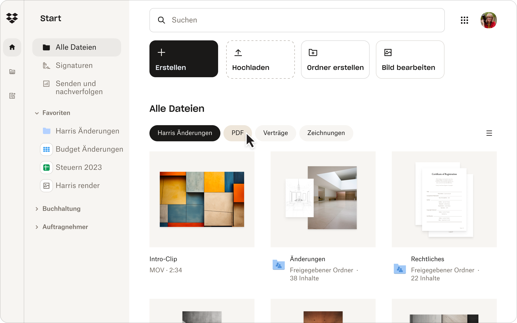 Dropbox Produktstartseite mit dynamischen Filtern