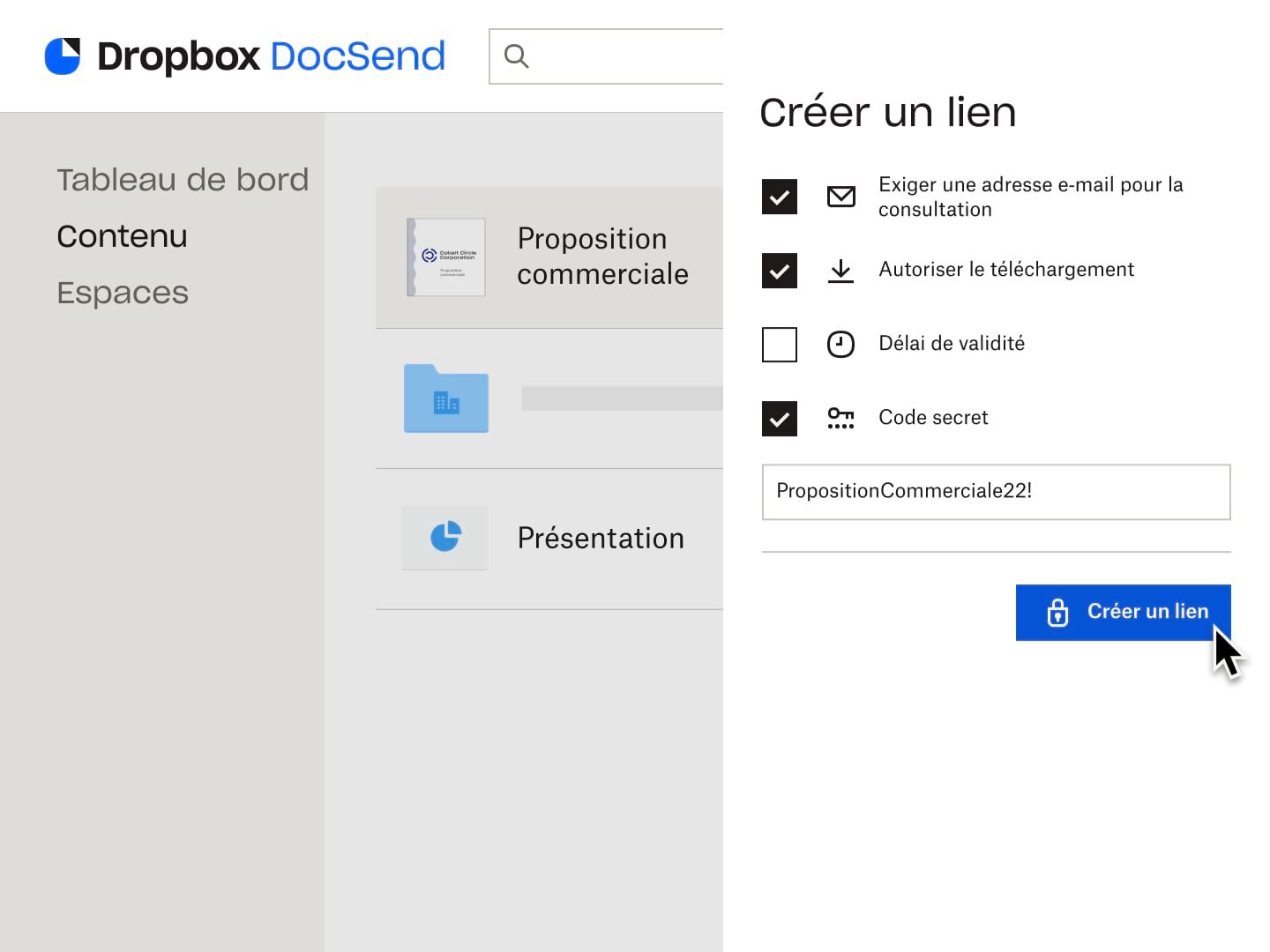 Utilisateur créant un lien avec l’obligation de fournir une adresse e-mail et un code secret pour consulter le fichier, et avec l’autorisation de télécharger le fichier