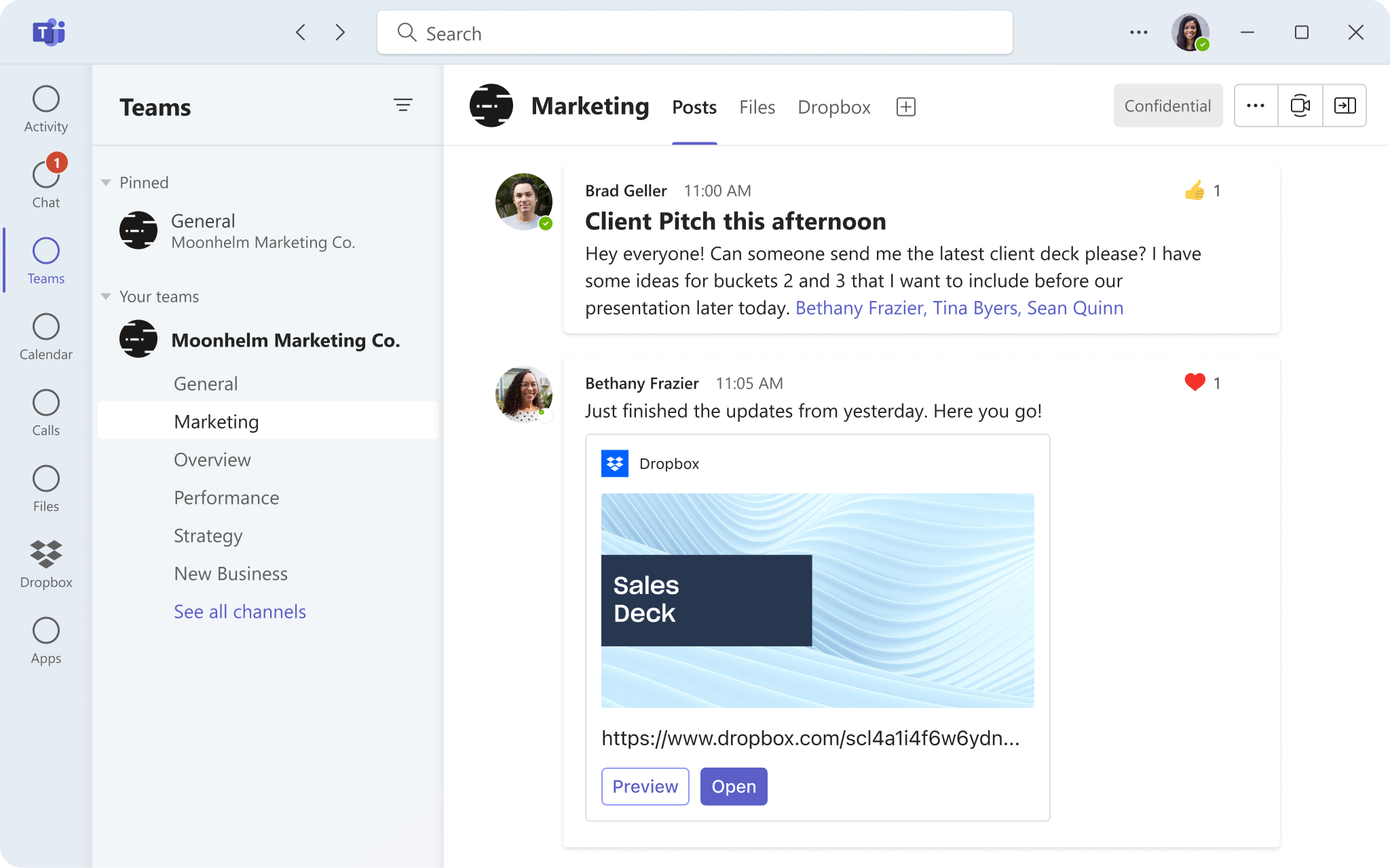 UI of Microsoft Teams accessing documents from folders in Dropbox
