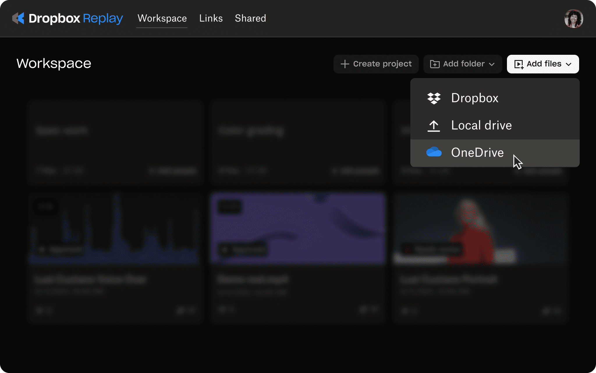 UI of Replay with option to upload project to OneDrive