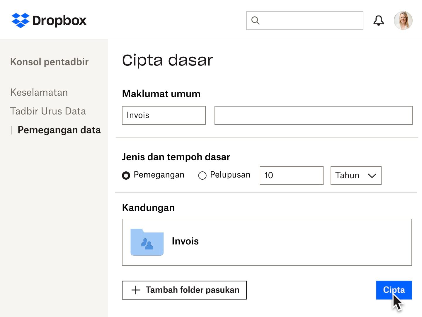 Medan borang untuk mencipta dasar pengekalan data dalam Dropbox