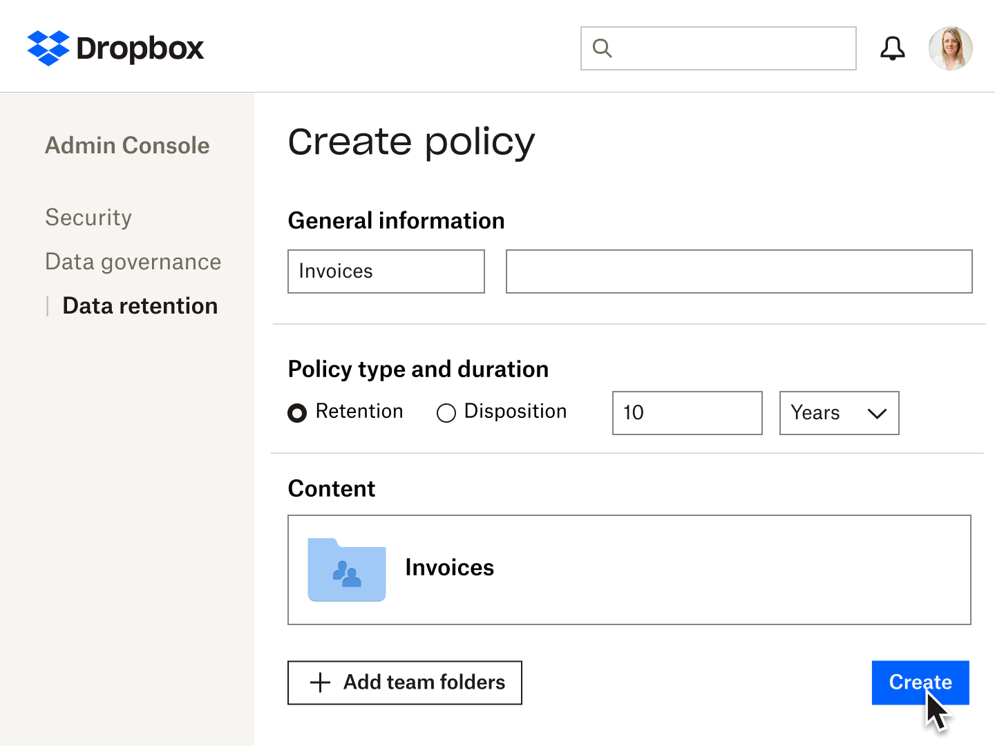 Form fields for creating data retention policy in Dropbox