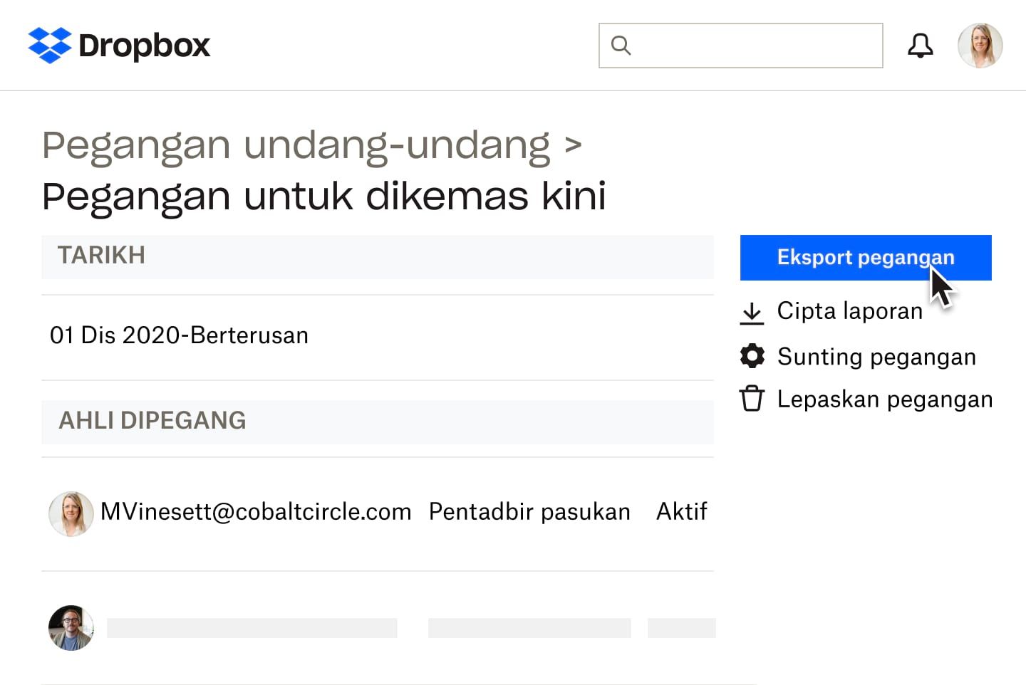 Dokumen pegangan undang-undang dalam Dropbox dengan tetapan perkongsian dan penyuntingan