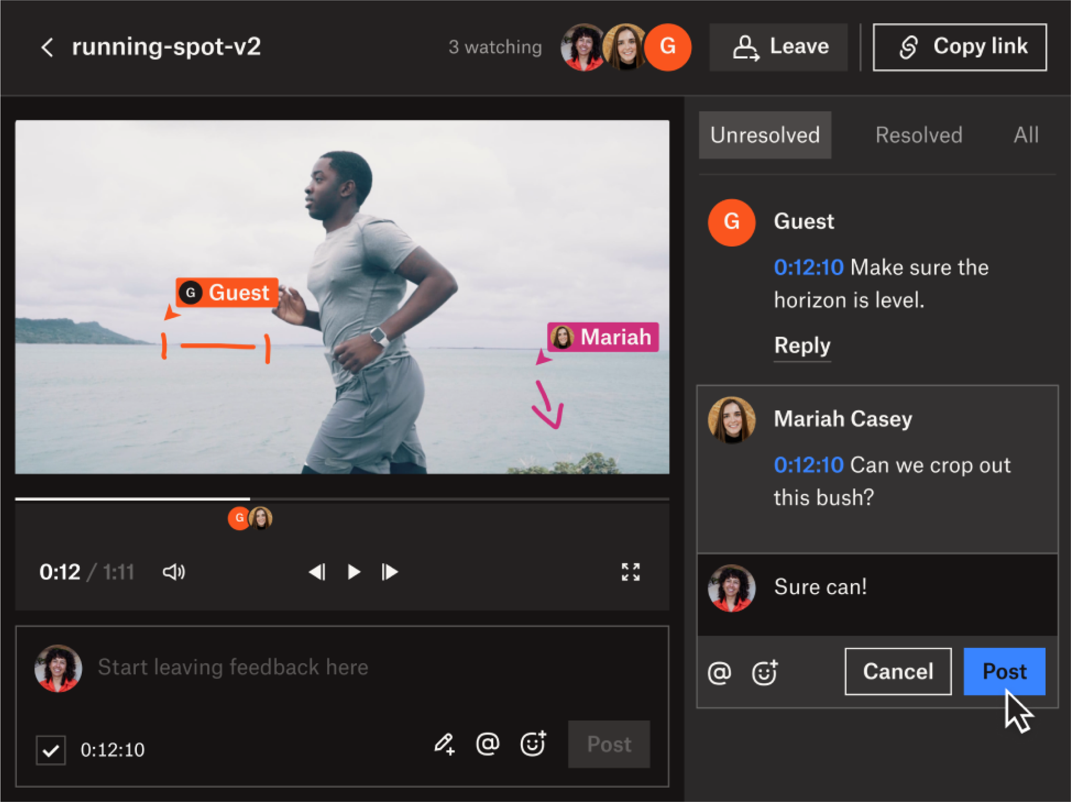 A visual representation of the live review feature in Dropbox Replay, a video feedback tool.