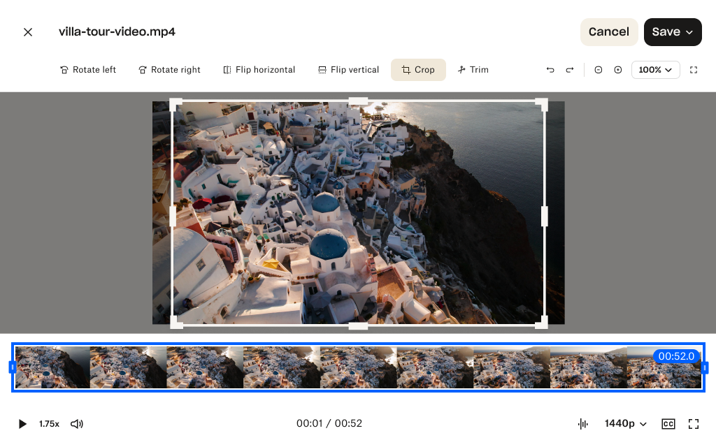 Visual representation of the video crop tool within the Dropbox online video editor.