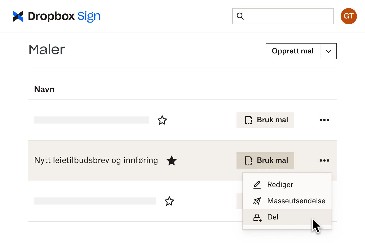 En bruker klikker på en deleknapp for en innføringsmal i Dropbox Sign