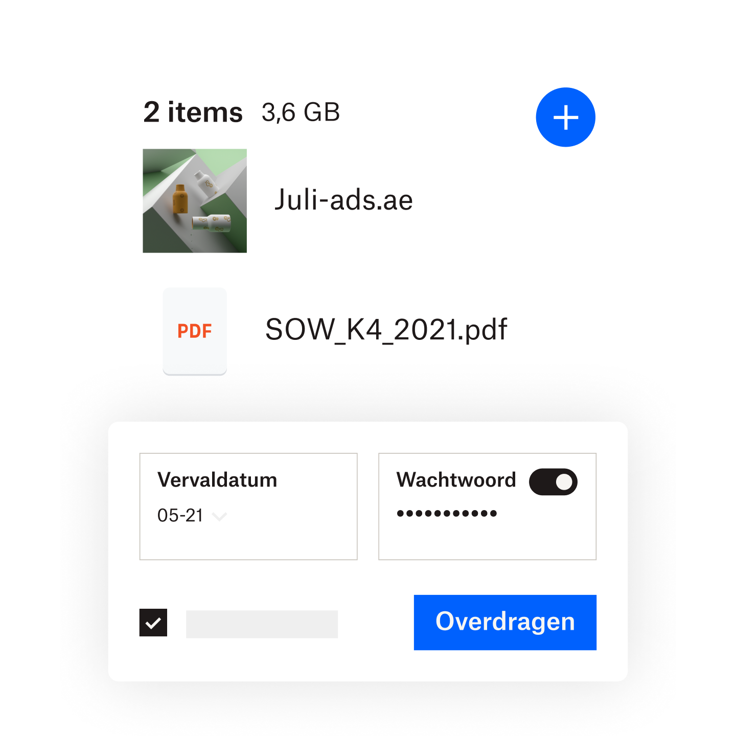 Een gebruiker die een wachtwoord en vervaldatum toevoegt aan een gedeeld bestand via Dropbox Transfer