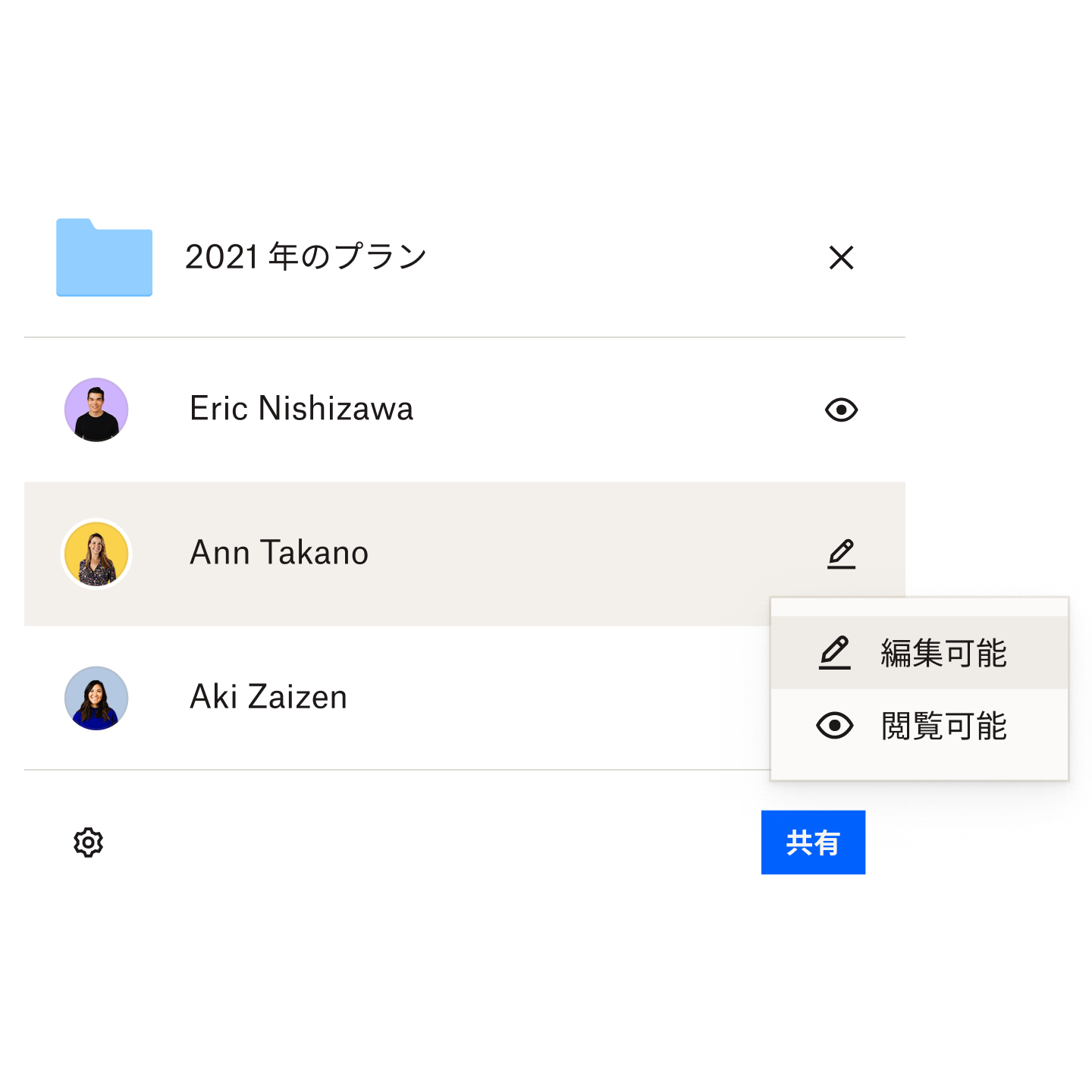 権限（編集可能/閲覧可能）を選択しているユーザー