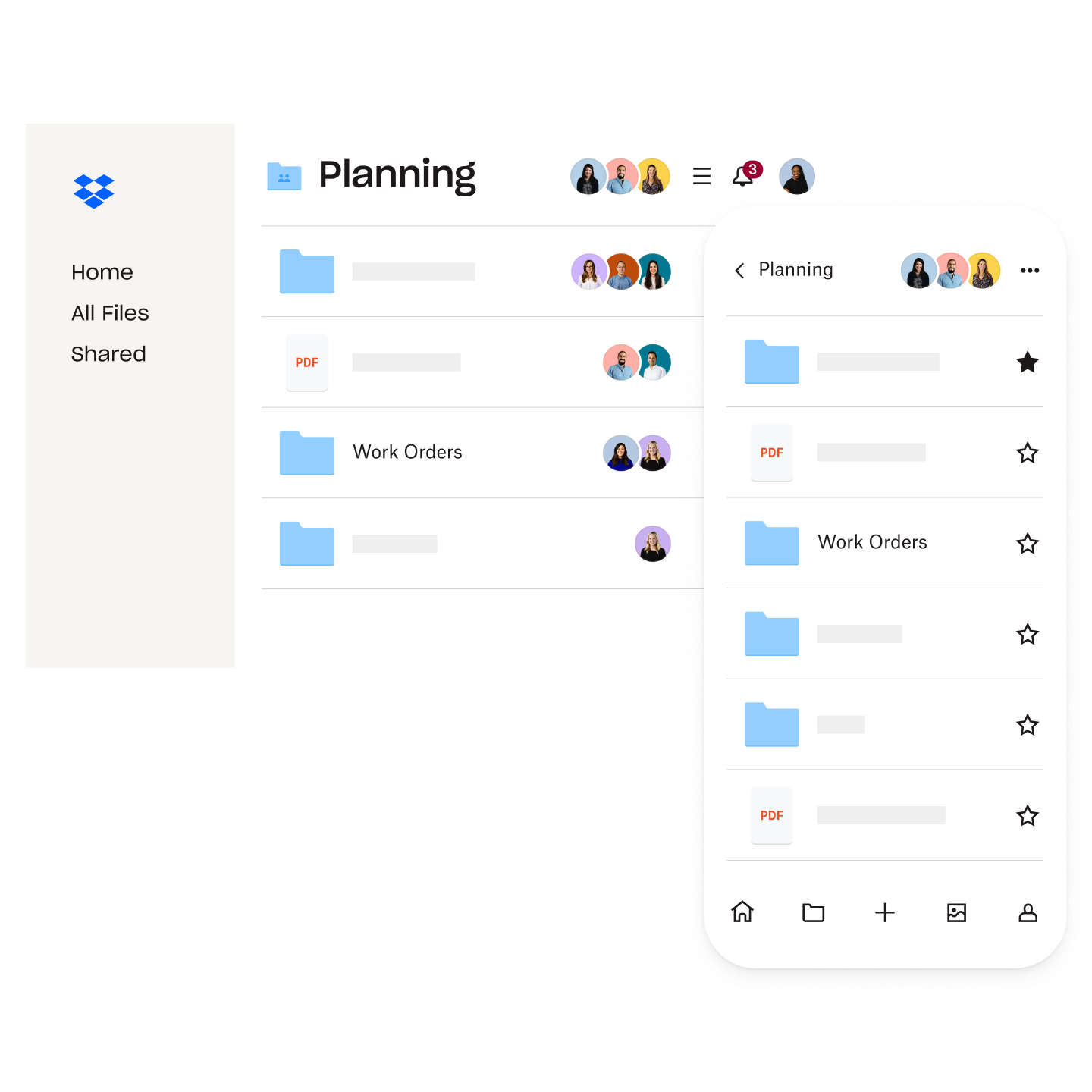 Dropbox folder organisation on a desktop and a mobile device