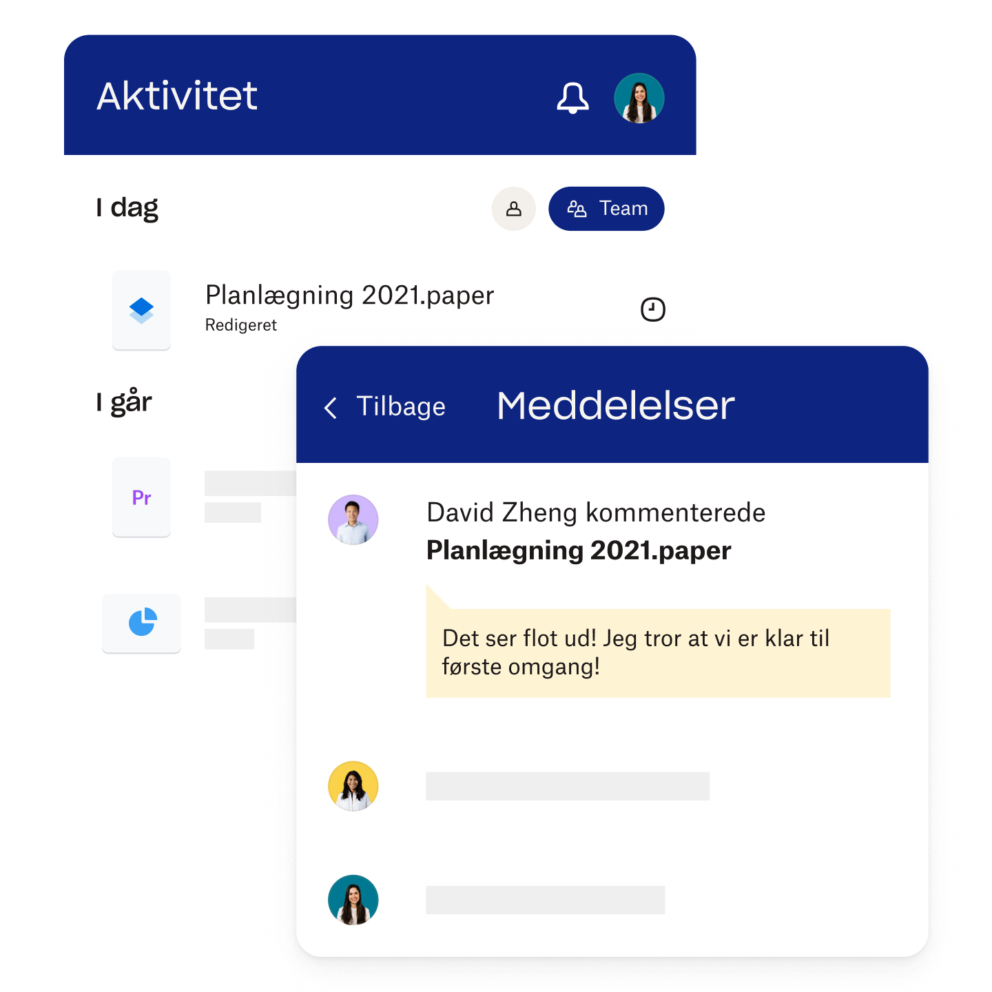 Grænseflade for aktivitet og notifikationer i Dropbox