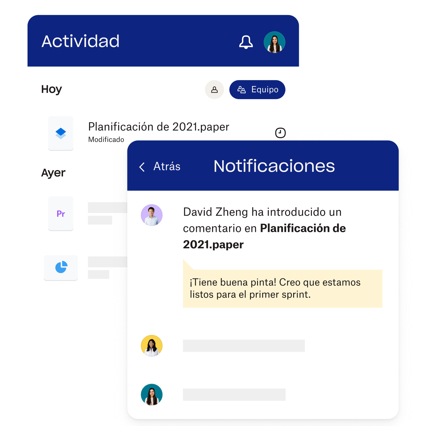 Interfaz de las notificaciones y la actividad de Dropbox