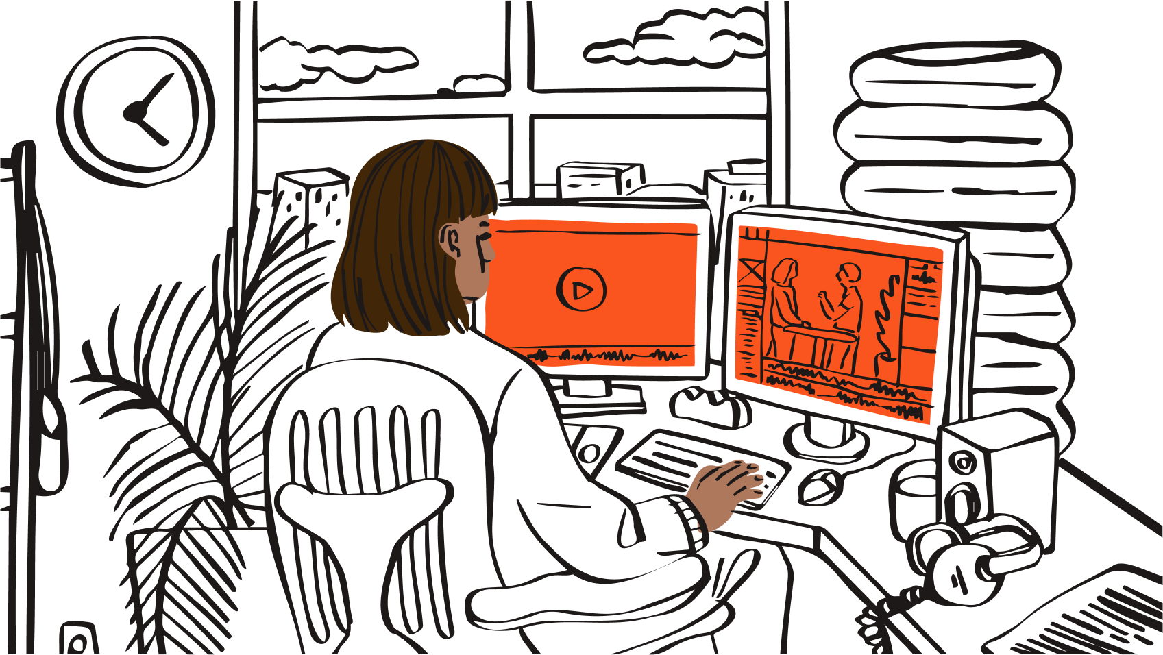 An illustration depicting a video editor working on a creative project with Dropbox.