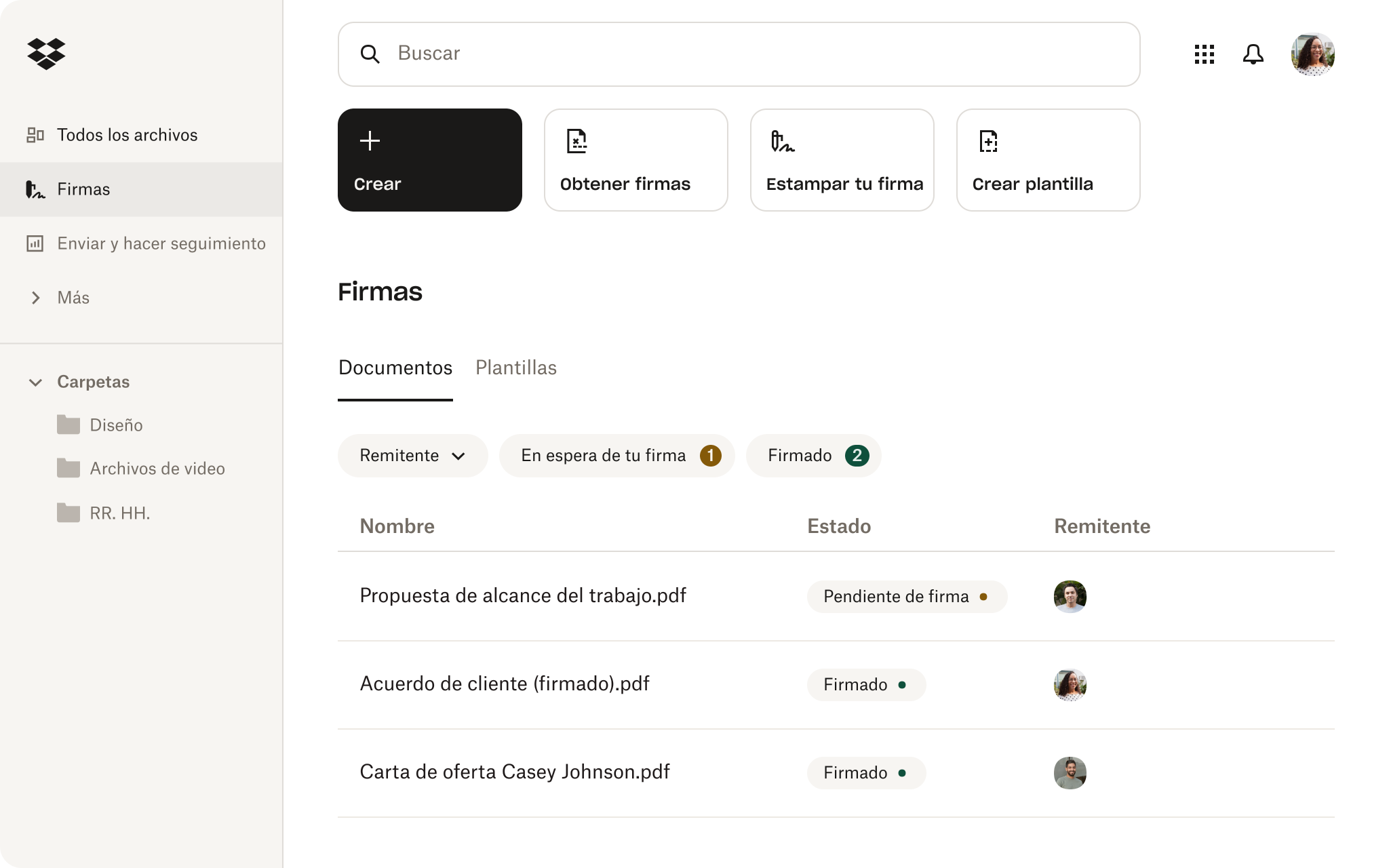 Interfaz de firmas electrónicas dentro de Dropbox.