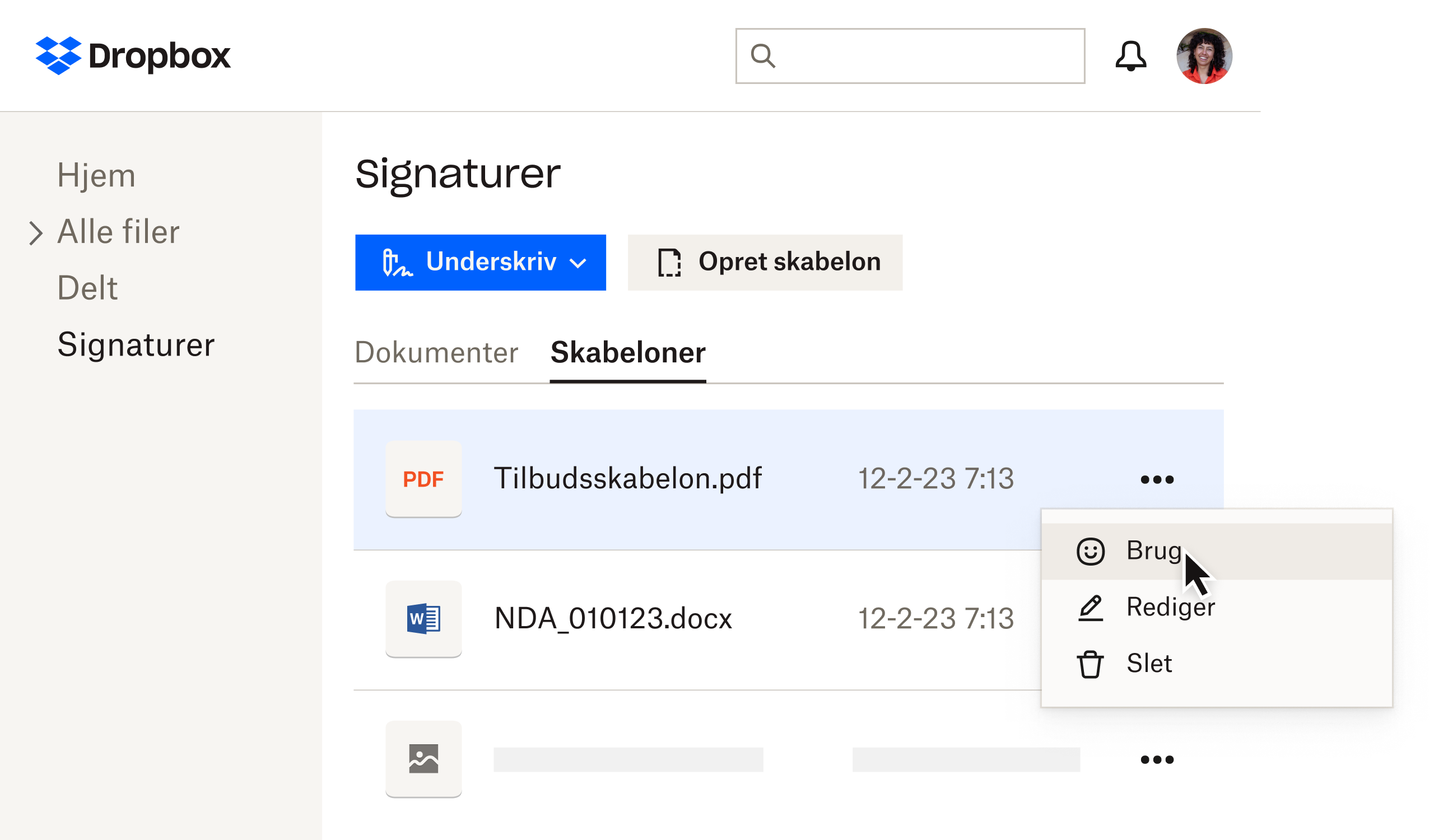 Skabeloner i Dropbox Sign på underskriftssiden