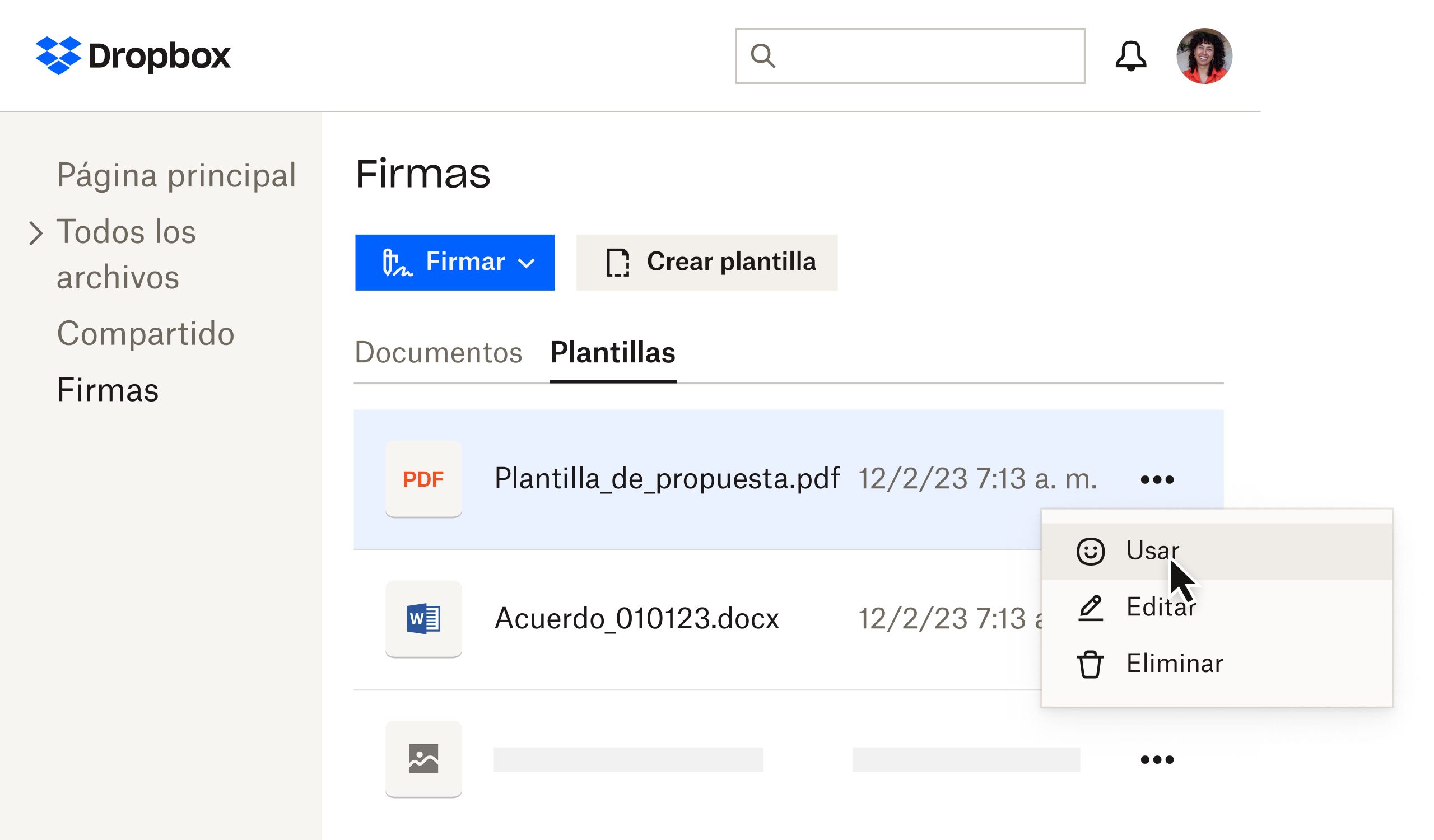 Plantillas en inicio de sesión en Dropbox en la página de firma