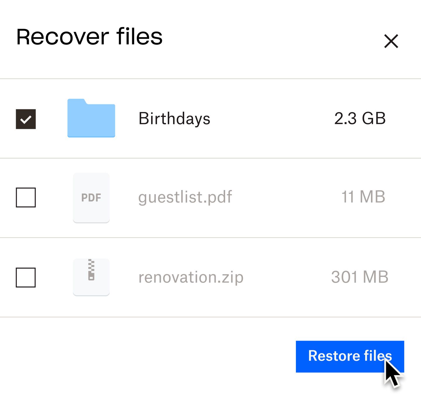 A user clicking on a blue button labeled “restore files”