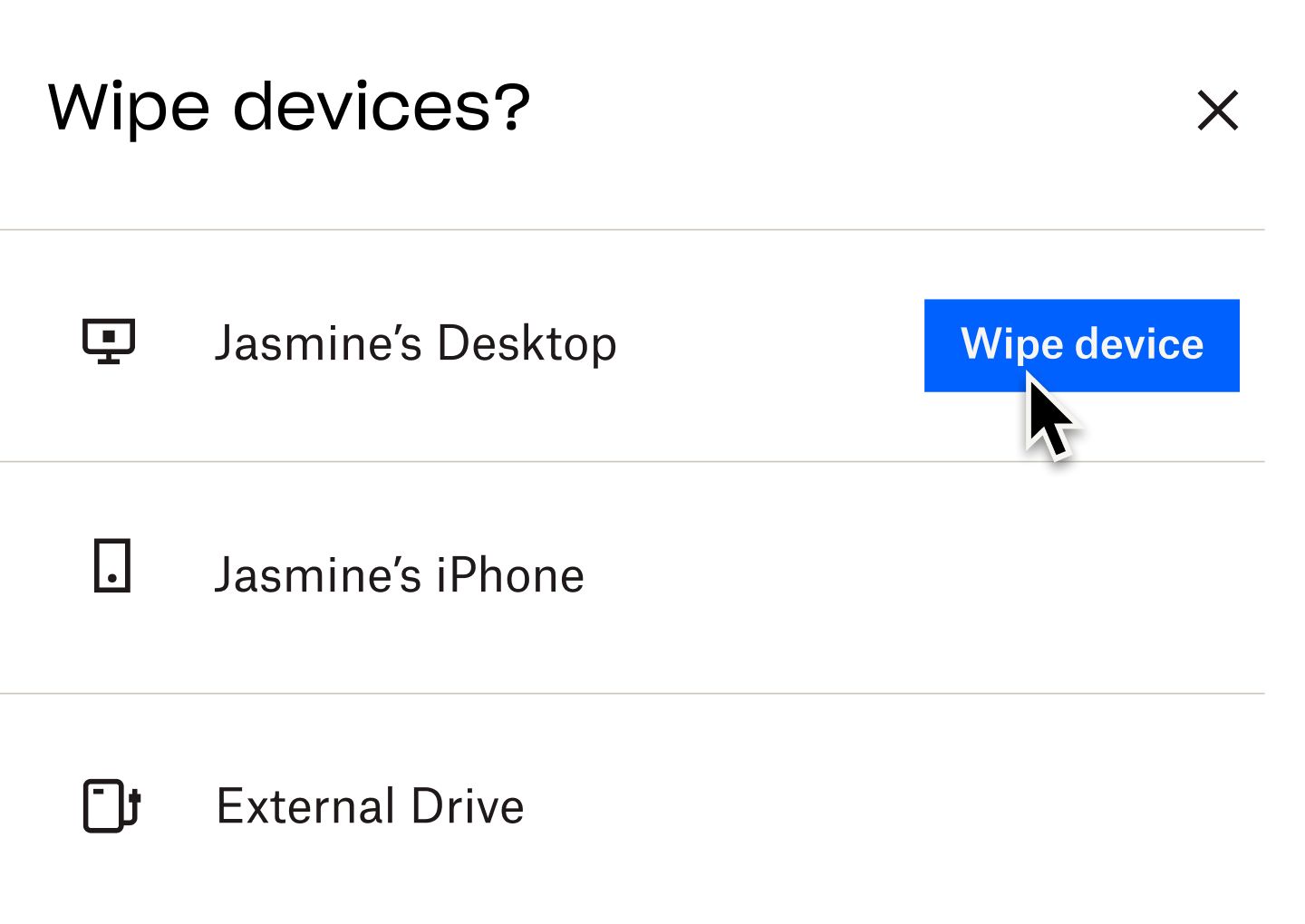 A user clicking on a blue button labeled “wipe device”