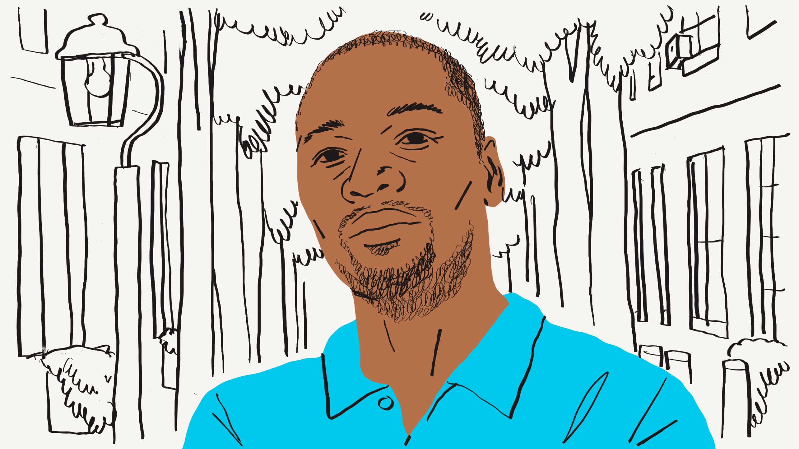 Person wearing a turquoise t-shirt in front of trees