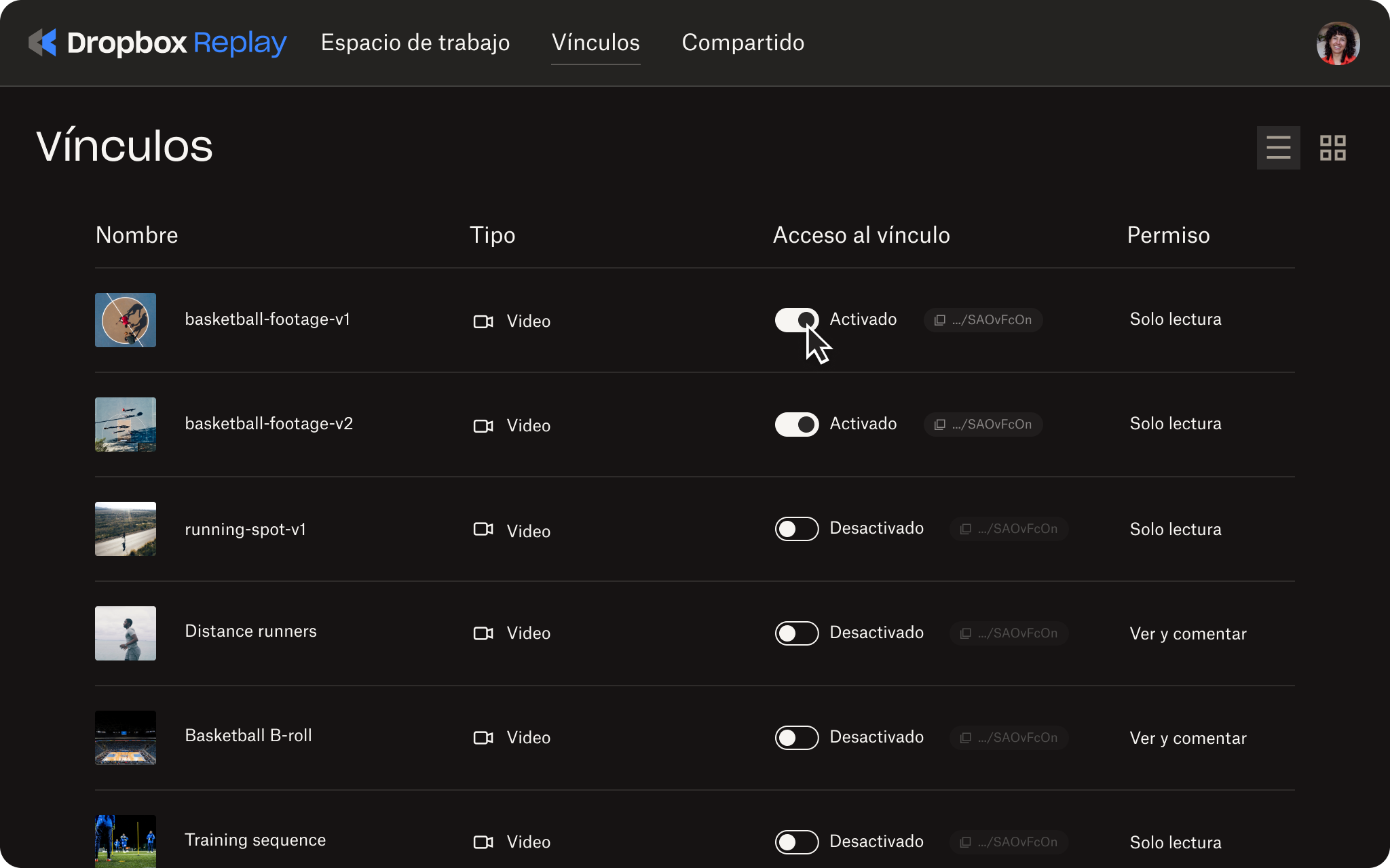 Animación de desactivar el acceso a compartir vínculos de archivos en Replay