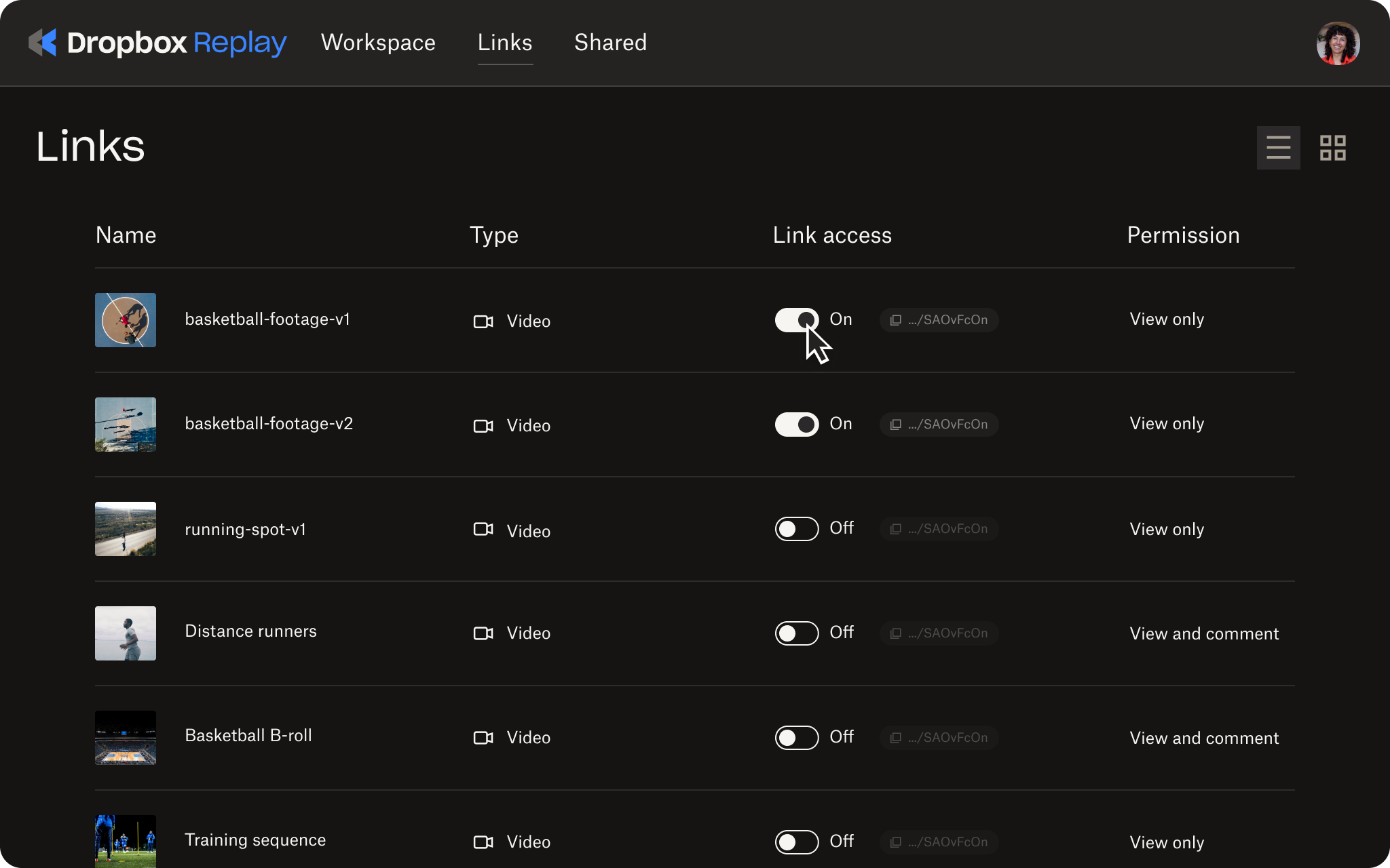 Animation of turning on off access to share link for files in Replay