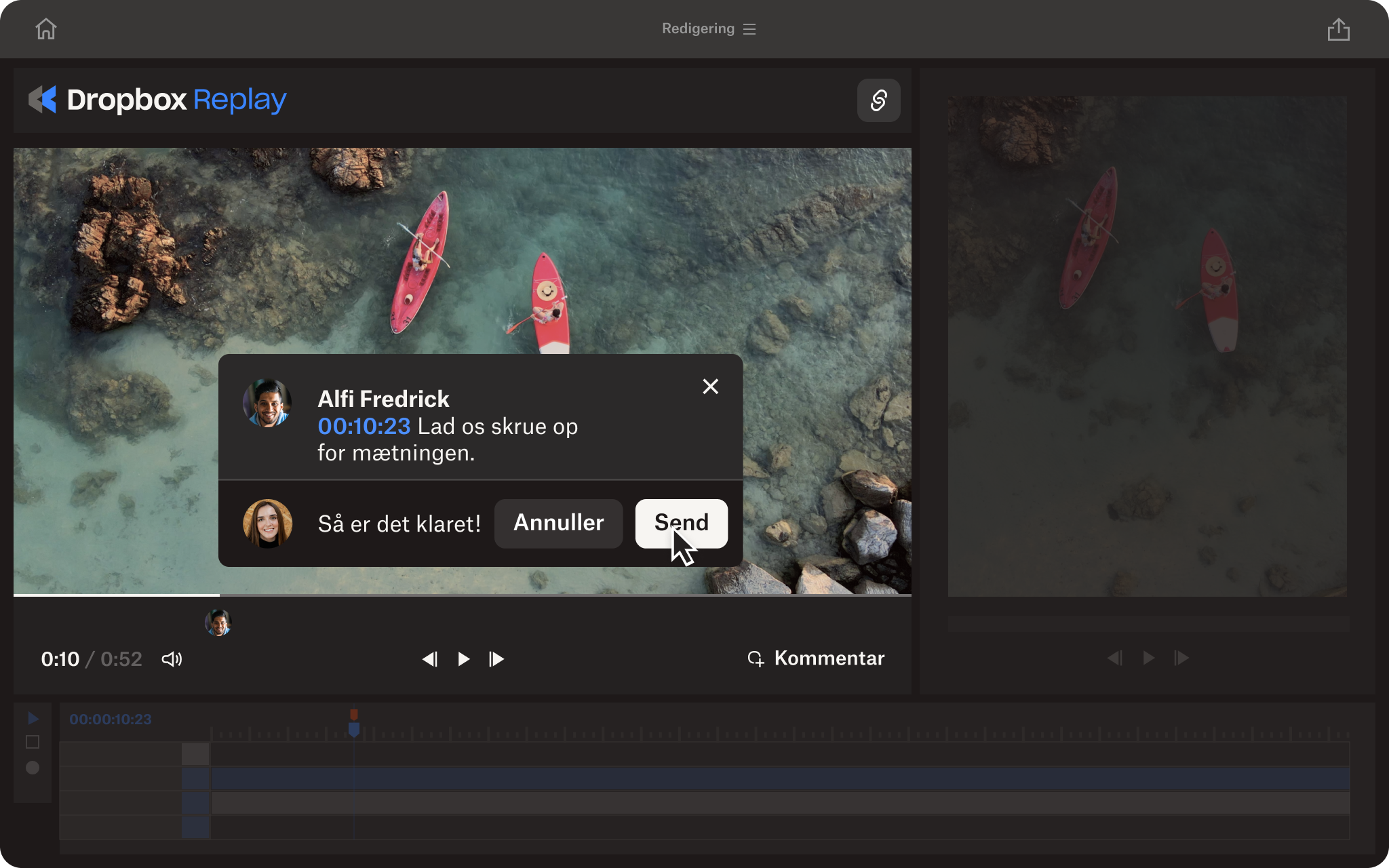En video af brugergrænsefladen i Dropbox Replay, der viser brugere, som tilføjer feedback med tidsstempel til en video og uploader en ændret version.
