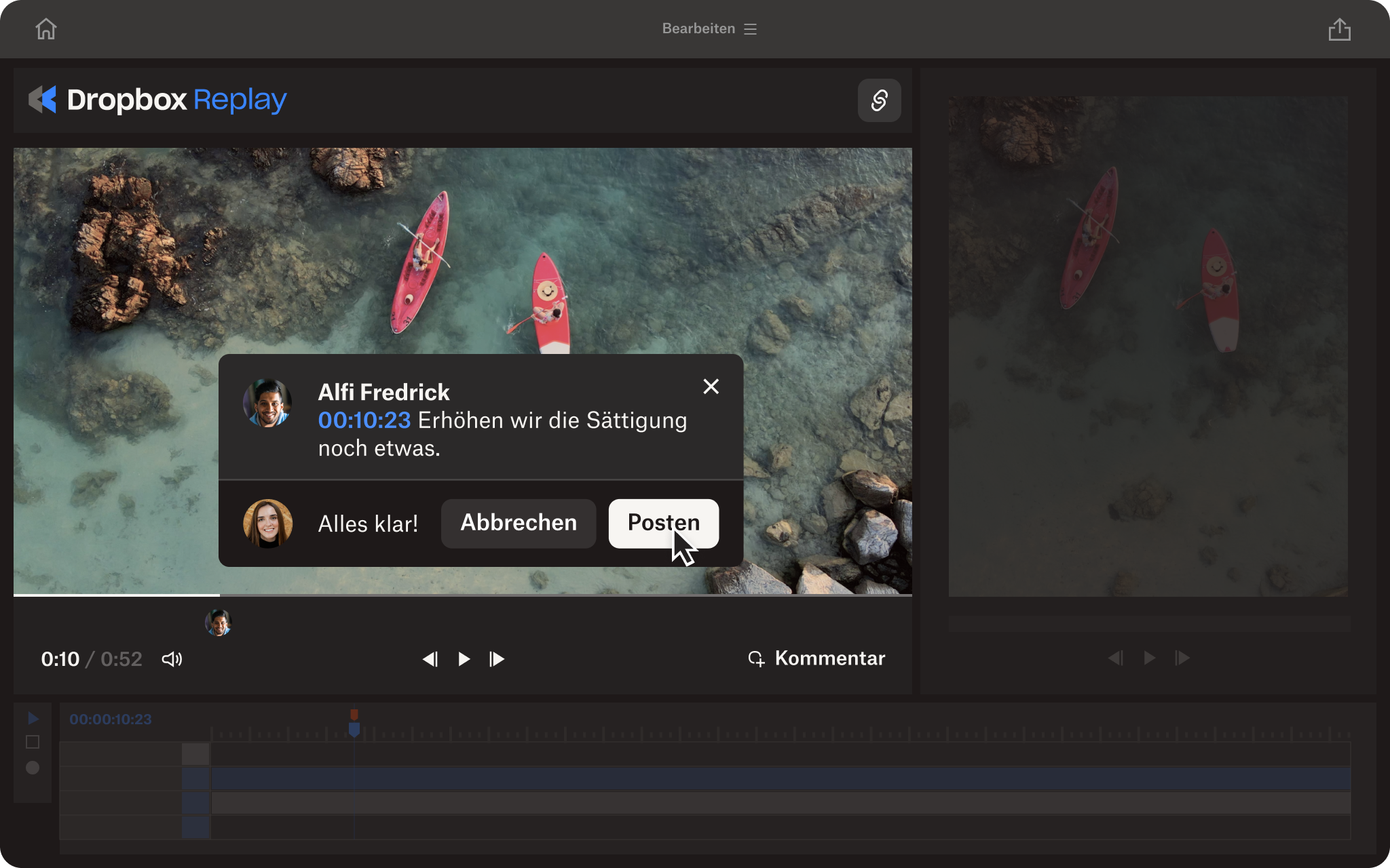 Video der Dropbox Replay-Benutzeroberfläche, das zeigt, wie Nutzer mit Zeitstempel versehenes Feedback zu einem Video hinzufügen und eine aktualisierte Version hochladen.