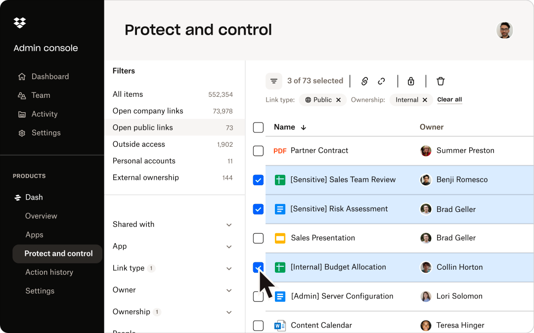 Dropbox Dash のソフトウェア インターフェース(矢印カーソルでファイルへのアクセス権を管理)。